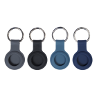 4 Moov Soft Touch AirTag Keyrings in black, baltic blue, grey and navy blue. Front where AirTag fits in