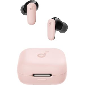 Soundcore Pink Bluetooth earphones displayed on a white background, showcasing their sleek design and wireless functionality
