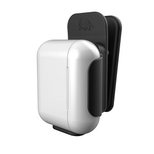 Porcupine AirClip AirPods Holder with Airpods. Front/side angle