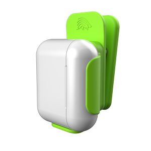Porcupine AirClip AirPods Holder with Airpods. Front/side angle