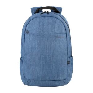 front view of backpack with different zip compartments and two side pouches 