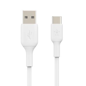 Opposite ends of a white cable with a USB-C and USB-A connectors