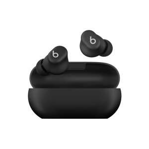 Black Beats Solo earbuds outside the black case