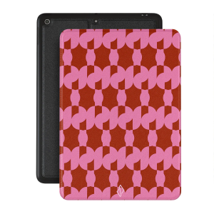 A stylish pink and red patterned iPad case, perfect for protecting your device with a touch of elegance.