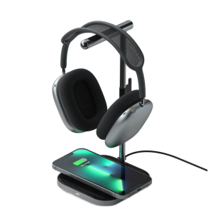 A pair of AirPods Max and iPhone on the Satechi headphone stand.
