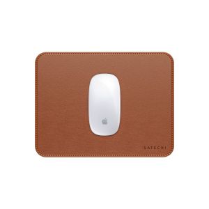 Satechi Vegan-Leather Premium Mouse Pad - Brown with a white Apple Magic Mouse placed on top