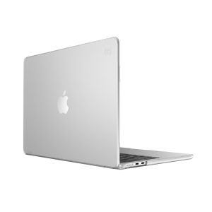 macbook opened with clear hardshell case placed on
