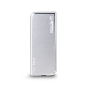silver portable ssd card front view with 2 curved edges and 2 straign edges 