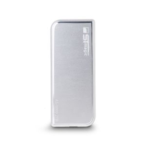 portable silver hard drive with two curved edges and 2 straign edges 