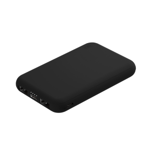 Black power bank with 2 x USB-A port, 1 x USB-C and micro usb.