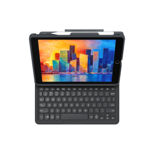 iPad placed in case with keyboard and apple pencil 